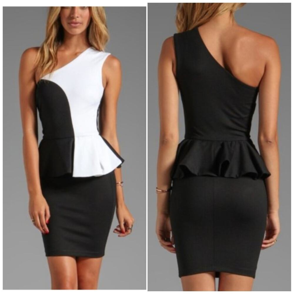 TORN BY RONNY KOBO One Shoulder 80s Style Peplum Ponte Knit Dress Sz XS